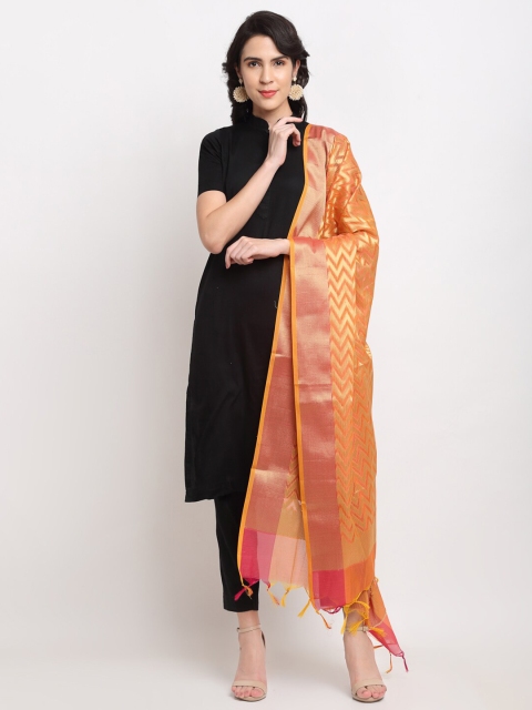 

LOOM LEGACY Orange & Gold-Toned Woven Design Banarasi Cotton Silk Dupatta With Zari