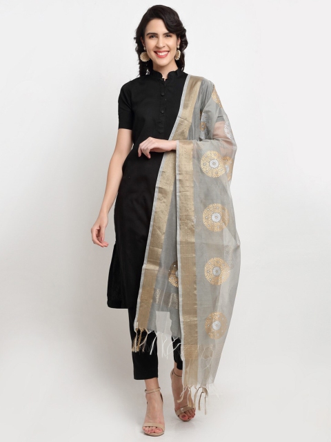 

LOOM LEGACY Grey & Gold-Toned Woven Design Banarasi Cotton Silk Dupatta & Zari