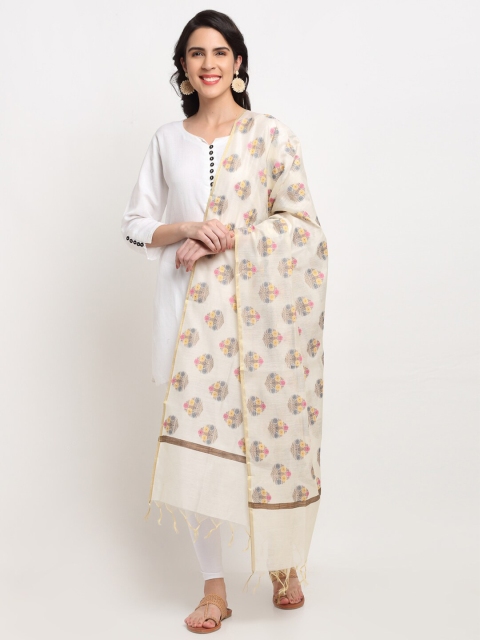 

LOOM LEGACY Off White & Pink Woven Design Banarasi Cotton Silk Dupatta with Zari