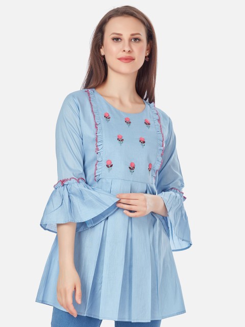 

Kiana Blue & Pink Embroidered Bell Sleeve A-Line Top