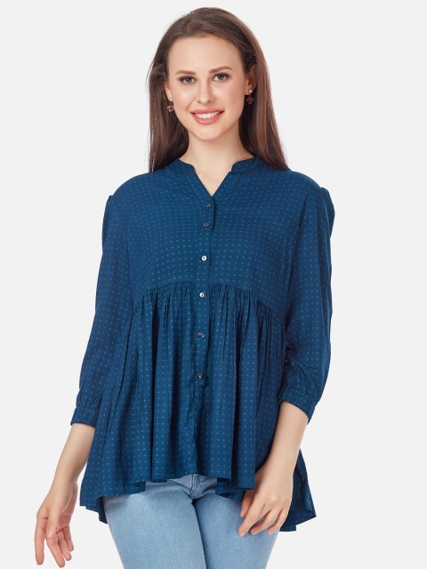 

Kiana Blue Mandarin Collar A Line Top