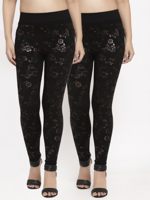 

KLOTTHE Women Pack Of 2 Black & Gold-Coloured Printed Skinny-Fit Treggings