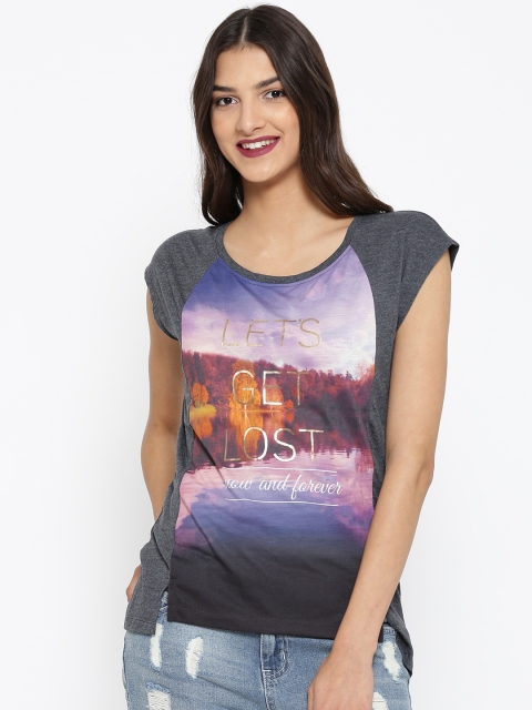 

Vero Moda Women Charcoal Grey Printed Round Neck T-Shirt