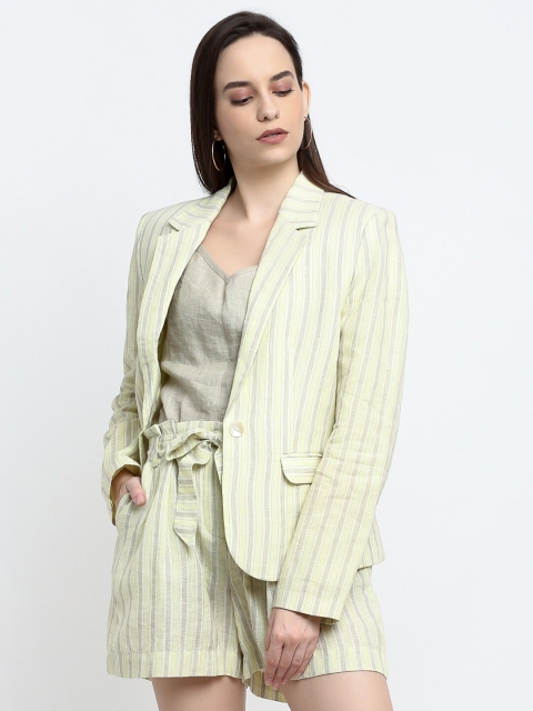 

THE UKKIYO LIFE Women Yellow & Grey Striped Blazer With Shorts