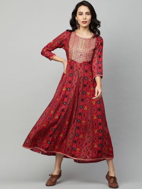 

FASHOR Red Ethnic Motifs Ethnic A-Line Midi Dress