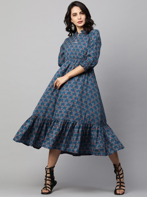 

FASHOR Blue Ethnic Motifs Ethnic A-Line Midi Dress
