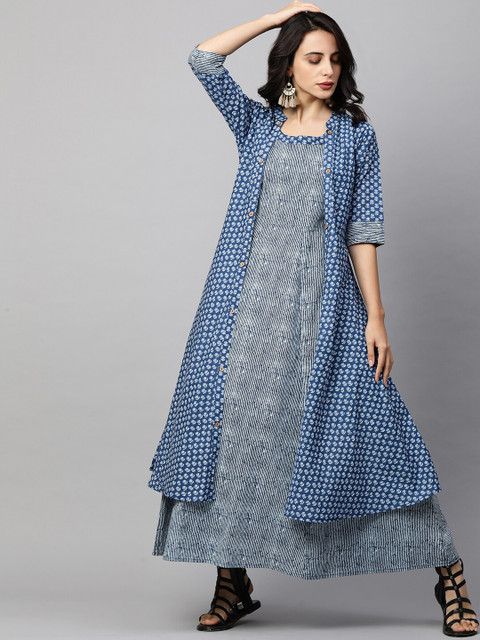 

FASHOR Blue Floral Layered Ethnic Maxi Dress with Long Jacket