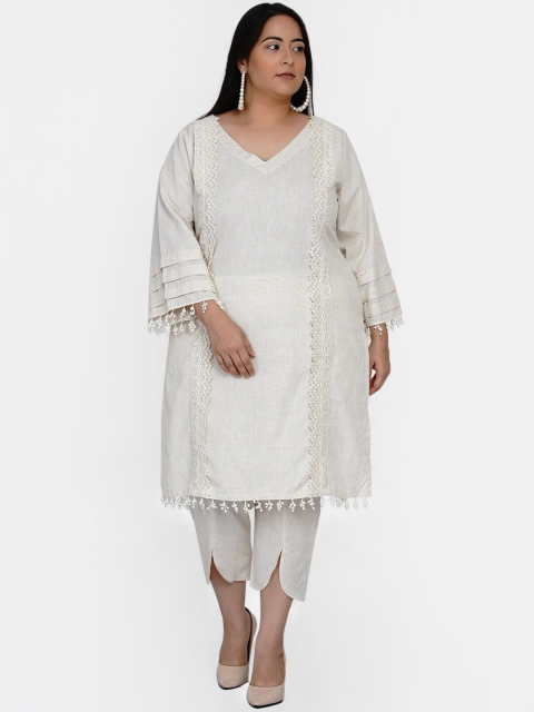 

Fabnest Curve Women Off White Flared Sleeves Kurta With Lace Detail