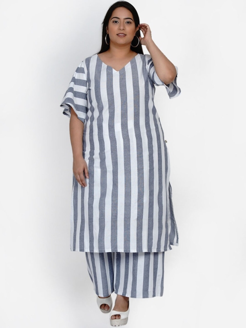 

Fabnest Curve Women White & Navy Blue Striped Flared Sleeves Handloom Kurta