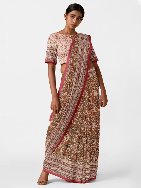 

Taneira Brown & Beige Floral Pure Cotton Block Print Saree