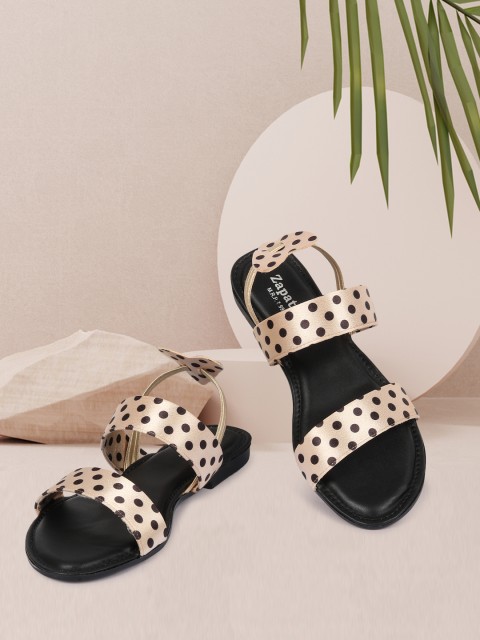 

ZAPATOZ Women Gold And Black Polka Dots Printed Open Toe Flats