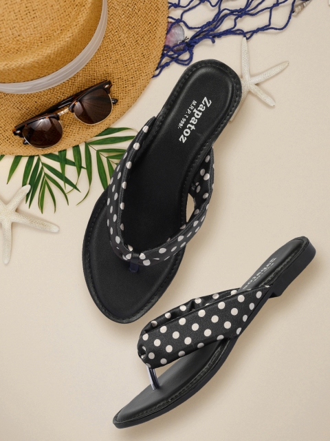 

ZAPATOZ Women Black And White Polka Printed T-Strap Flats