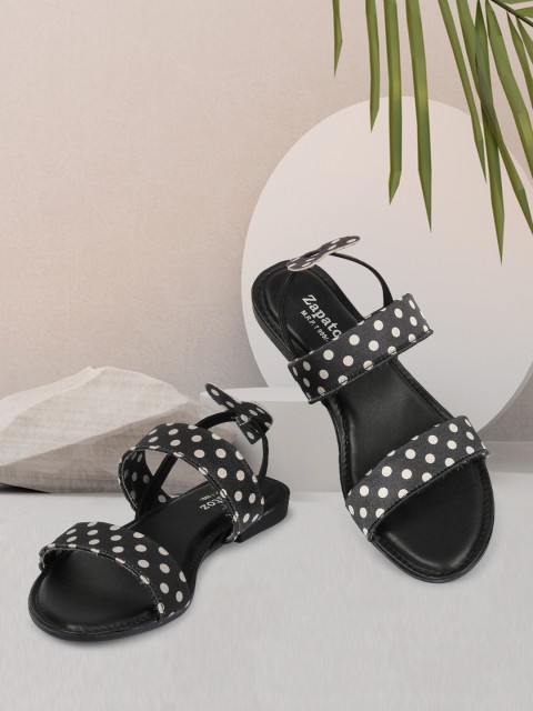 

ZAPATOZ Women Black And White Polka Dots Printed Open Toe Flats