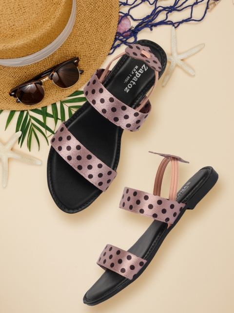 

ZAPATOZ Women Pink And Black Polka Dots Printed Open Toe Flats