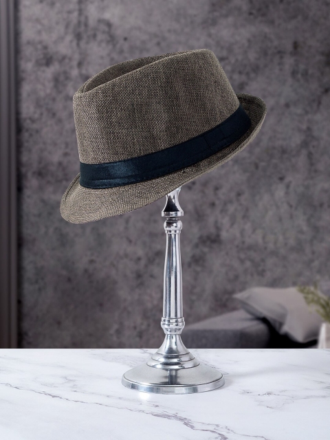 

Golden Peacock Men Khaki & Black Woven-Design Threaded Fedora Hat