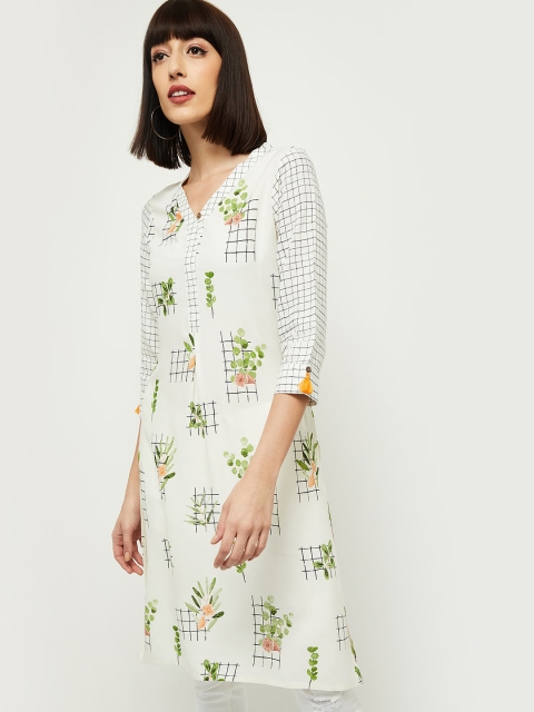 

max Women Off White & Black Floral Printed Kurta