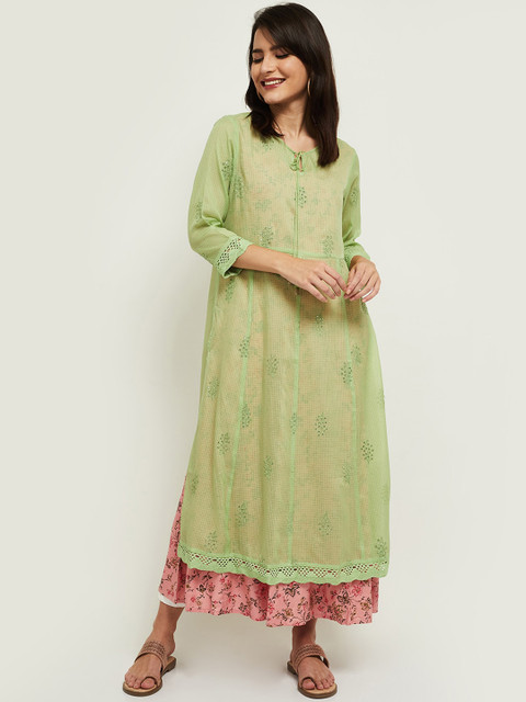 

max Women Green & Pink Floral Embroidered Kurta