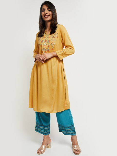 

max Women Mustard Yellow Ethnic Motifs Embroidered Kurta