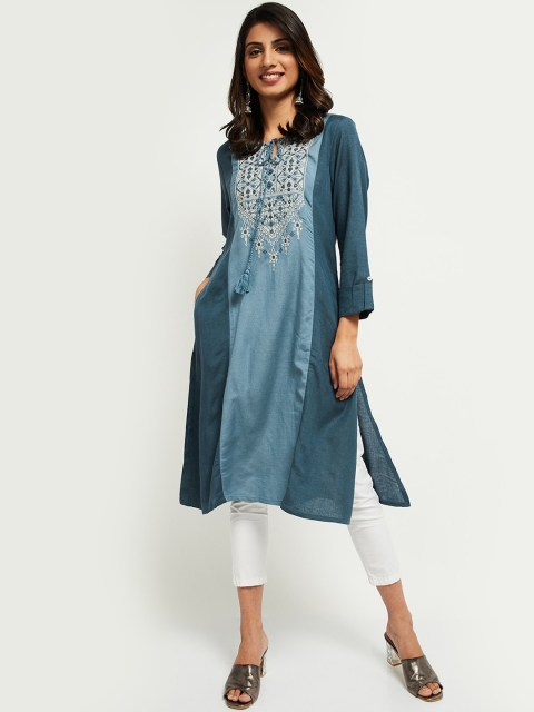 

max Women Teal Blue Ethnic Motifs Embroidered Kurta