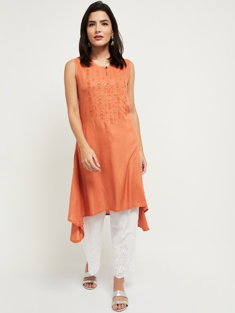 

max Women Peach-Coloured Ethnic Motifs Embroidered Kurta