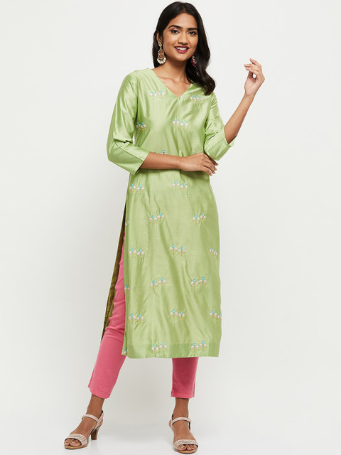 

max Women Green Floral Embroidered Kurta