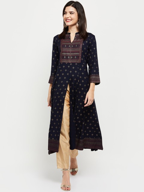 

max Woman Navy Blue Ethnic Motifs Printed High Slit Kurta
