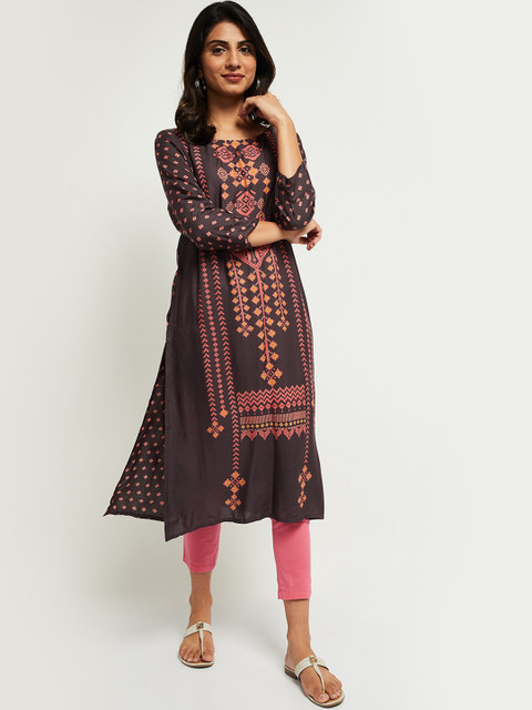 

max Women Grey Geometric Printed Kurta