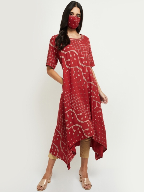 

max Women Red Geometric Printed Kurta With Mask