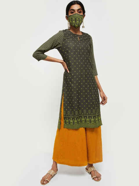 

max Women Grey Geometric Printed Keyhole Neck Kurta With Mask