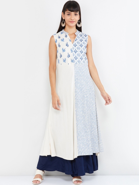 

max Women White & Blue Ethnic Motifs Printed Kurta