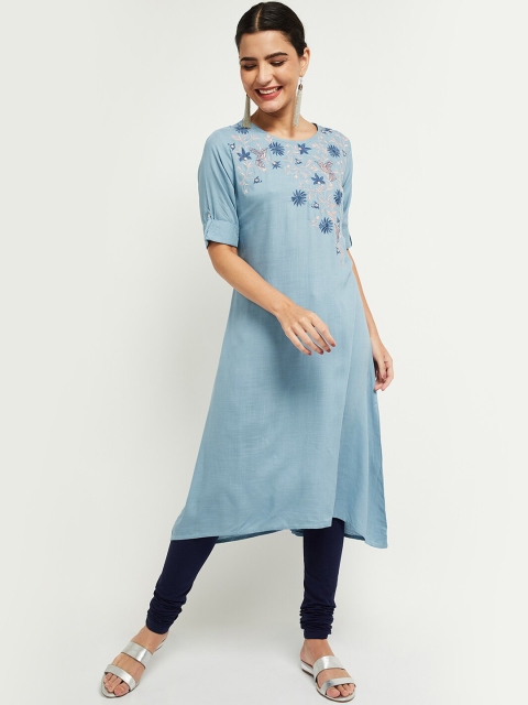 

max Women Blue Floral Yoke Design Kurta