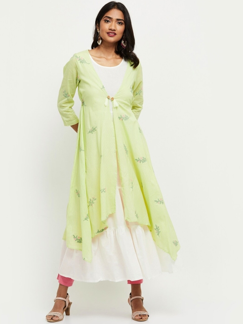 

max Women Lime Green & White Floral Printed Anarkali Kurta