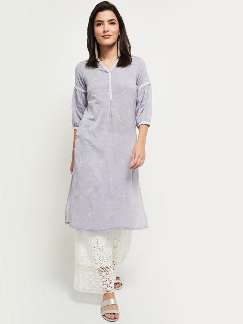 

max Women Blue Embroidered Thread Work Cotton Kurta