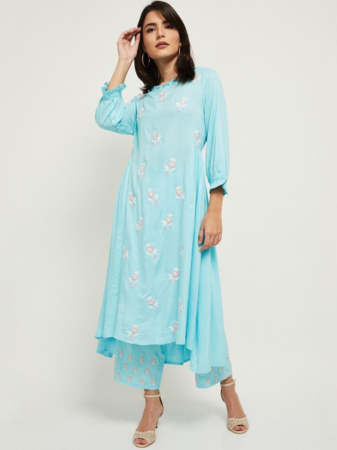 

max Women Blue Floral Embroidered Kurta