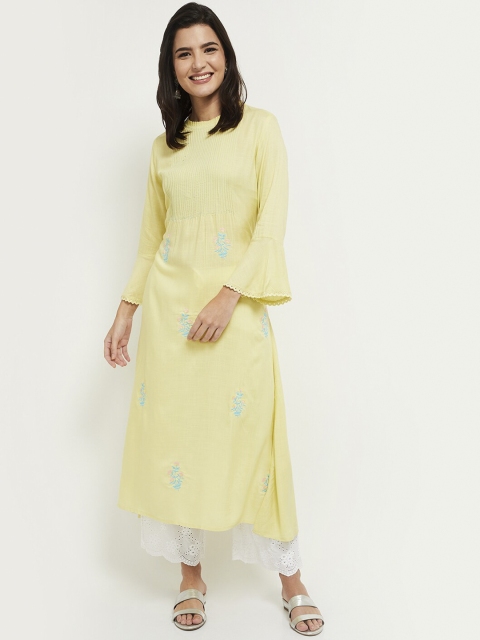 

max Women Yellow Embroidered Bell Sleeves Kurta