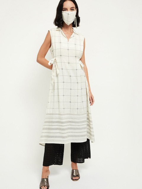 

max Women White Checked Kurta With Mask