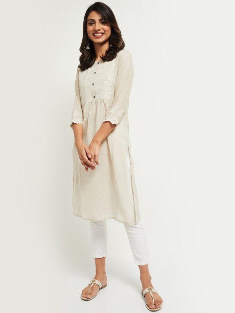 

max Women Beige Ethnic Motifs Yoke Design Cotton Kurta
