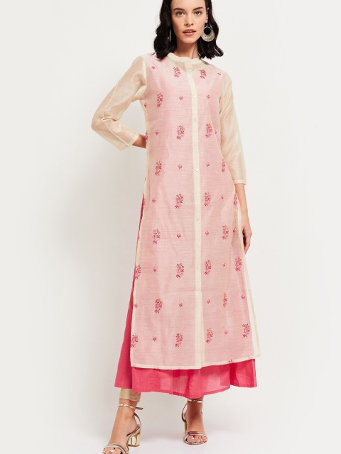 

max Women Off White & Pink Floral Embroidered Kurta
