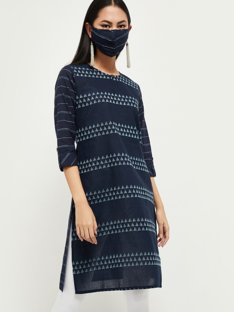 

max Women Navy Blue Geometric Printed Keyhole Neck Cotton Kurta With Mask
