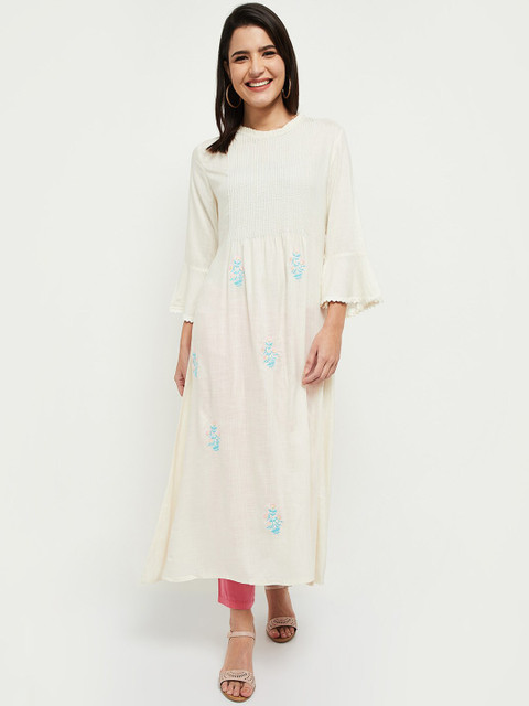 

max Women Off White Floral Embroidered Bell Sleeves Kurta