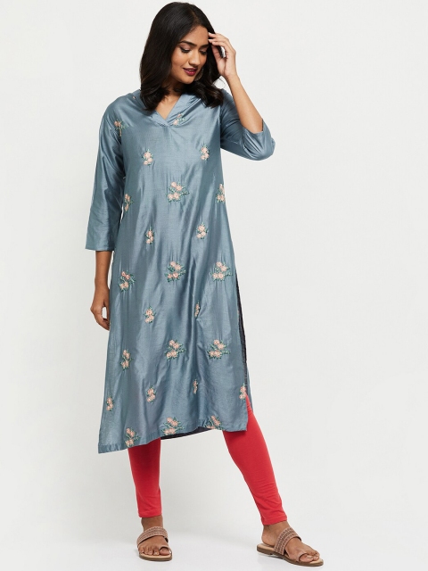 

max Women Blue Floral Embroidered Kurta