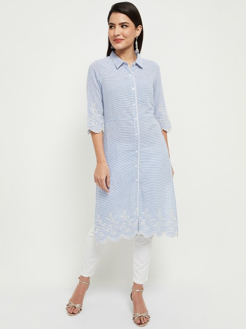 

max Women Blue Striped Cotton Kurta