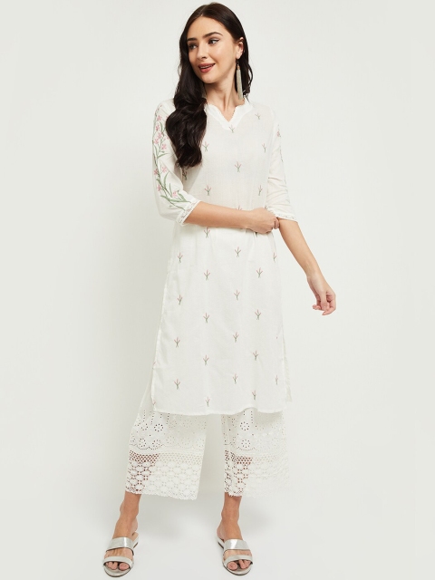 

max Women White Floral Embroidered Kurta