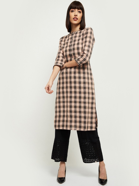 

max Women Peach-Coloured & Grey Checked Kurta