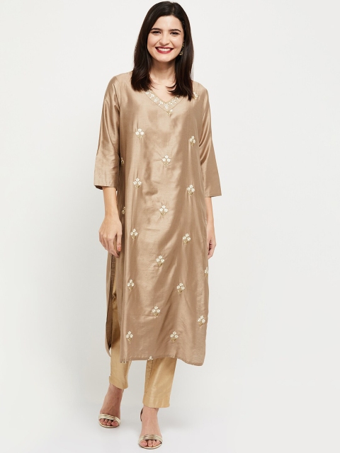

max Women Beige Floral Embroidered Thread Work Kurta