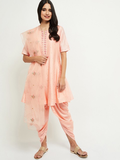 

max Women Peach-Coloured Ethnic Motifs Embroidered Thread Work Kurta With Dupatta