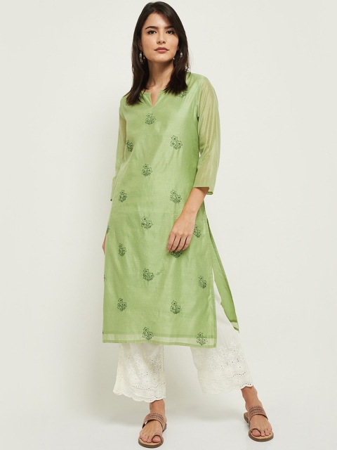 

max Women Green Floral Embroidered Thread Work Kurta