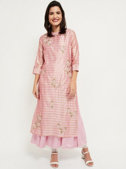 

max Women Pink Striped Thread Work Kurta