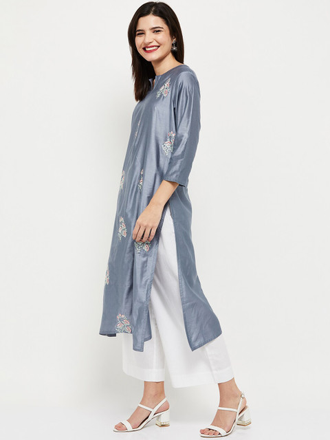 

max Women Blue Floral Embroidered Thread Work Kurta