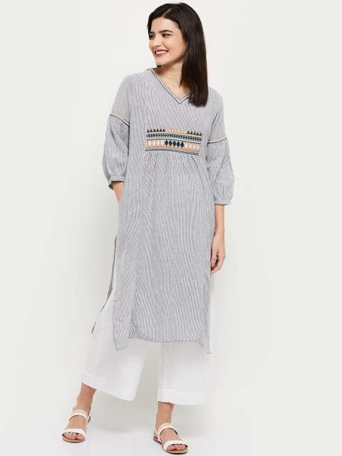 

max Women Grey Striped Thread Work Kurta